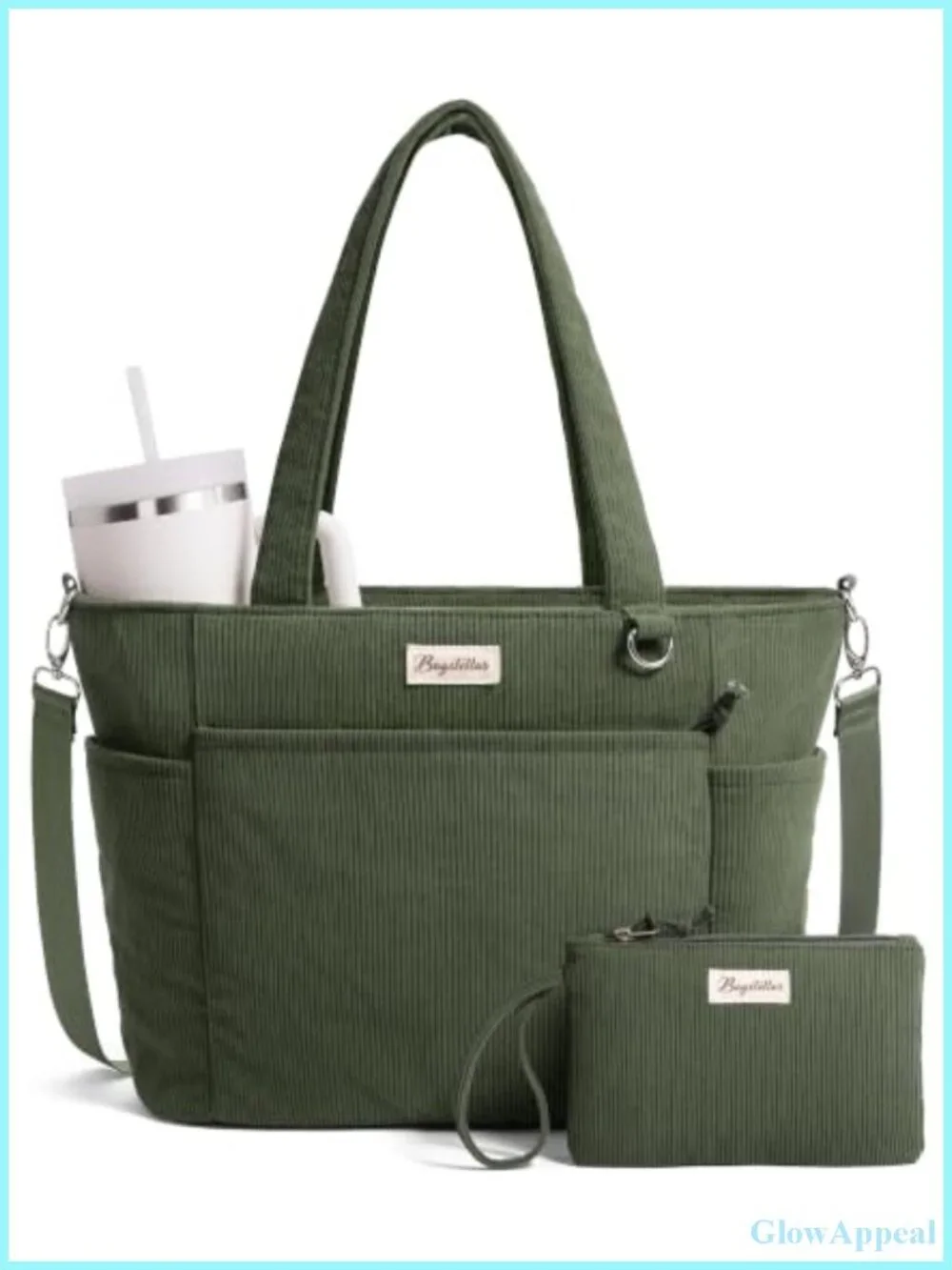 Corduroy Tote Bag for Women Teacher Nurse Work Laptop Purse with Bottle Holder